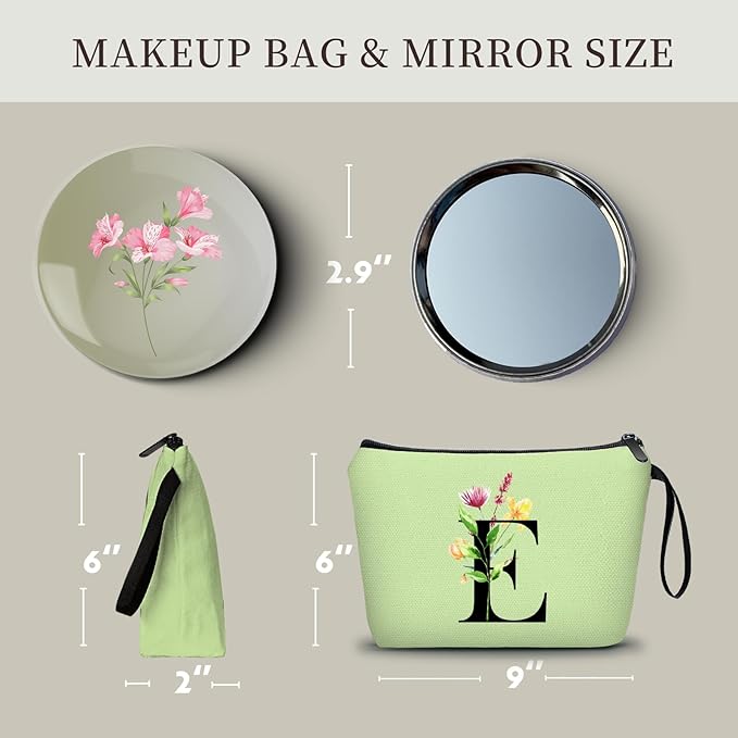 Women Birthday Unique Bride to be Bridal Shower Initial Gifts for Mom Sister Friend Her Teacher Aunt Makeup Cosmetic Bag with Mirror Mothers Day Christmas Graduation E