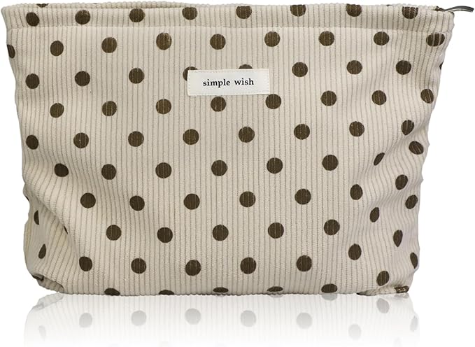 Wudygirl Makeup Bag Makeup Pouch for Women Corduroy Cosmetic Bag Portable Travel Toiletry Bag Large Capacity Make up Organizer with Zipper（Beige Polka Dot）