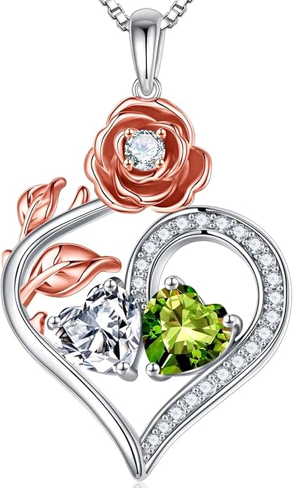 Iefil Rose Heart Birthstone Necklaces for Women - 925 Sterling Silver Double Birthstone Necklace, Anniversary Birthday Gifts for Women, Jewelry Gifts for Wife Her