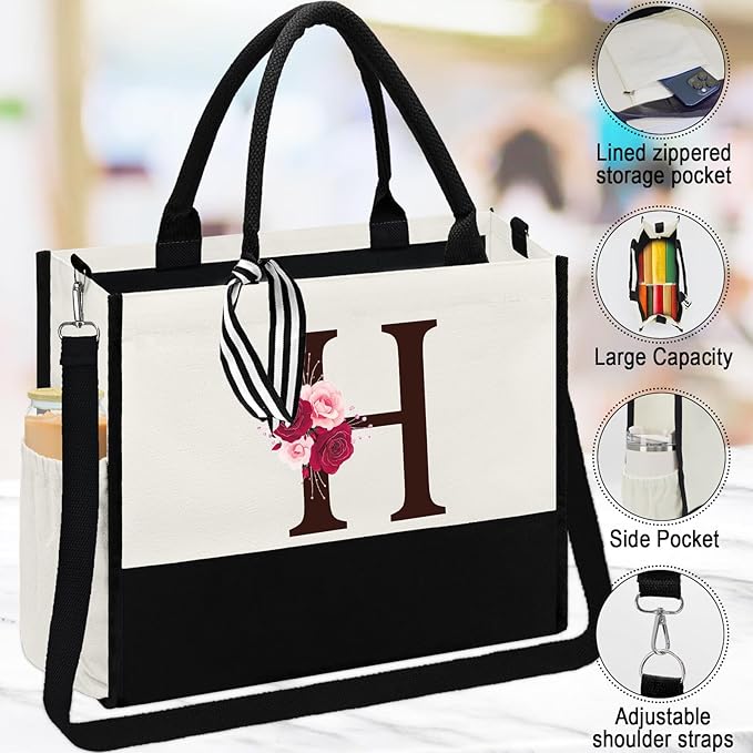 Birthday Gifts for Women,Initial Canvas Tote Bag,Monogrammed Gift for Women,16oz Initial Glass Cup,Makeup Bag with Zipper,Jewelry Organizer Box,Personalized Gifts for Mom-H