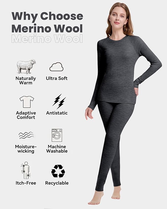 Women's 100% Merino Wool Base Layer Sets - Light and Midweight Thermal Underwear Gifts Pack with Wool Beanie