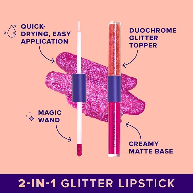 UNICORN SNOT Quiet Riot™ Plastic-Free Glitter Lip Duo | 2-in-1 Set w/Matte Lipstick & Sparkly Glitter Lip Gloss | Halloween Costume Makeup | 0.15oz Pink Lipstick & 0.16oz Gloss (Fusion)