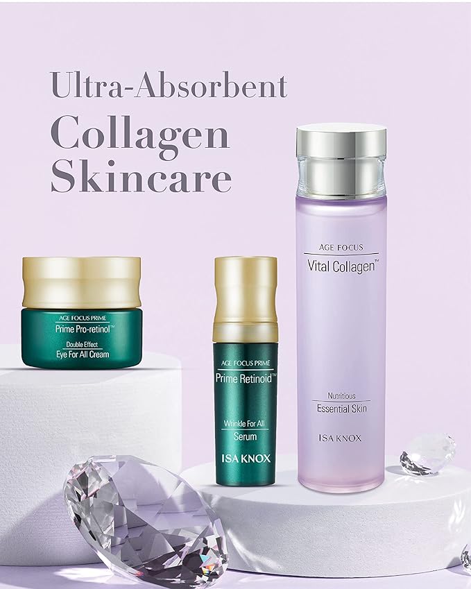 ISA KNOX AGE FOCUS VITAL COLLAGEN Emulsion, PRIME Wrinkle For All Serum & PRIME Eye For All Cream (177 ml/5.99 fl oz) - Korean Skin Care by LG Beauty. Vitamins C, B12 & E.