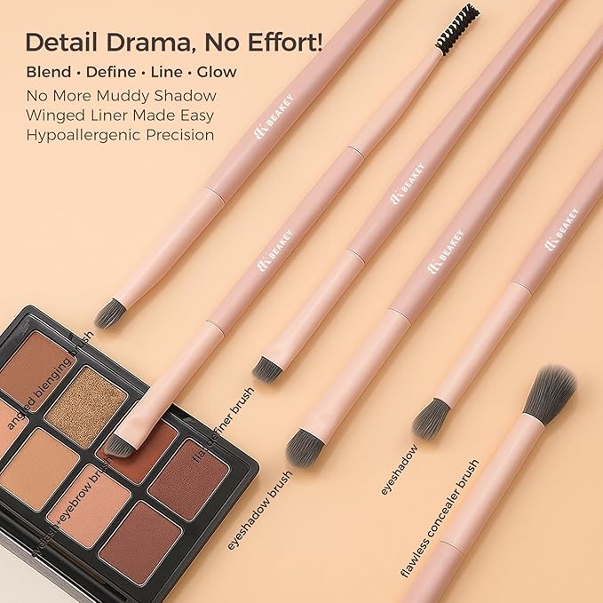 BEAKEY Pink Makeup Brushes Set–10 Pcs Taklon Bristles for Foundation Powder Blush Contour Eyeshadow & Concealer with Durable Birch Handles