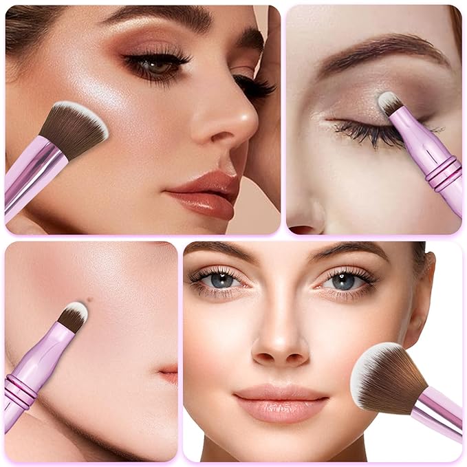 4 in 1 Makeup Brush Set, Travel Makeup Brushes with Case, Foundation Brush/Blush Brush, Eyeshadow Powder Brush,Concealer Brush (pink-plastic case)