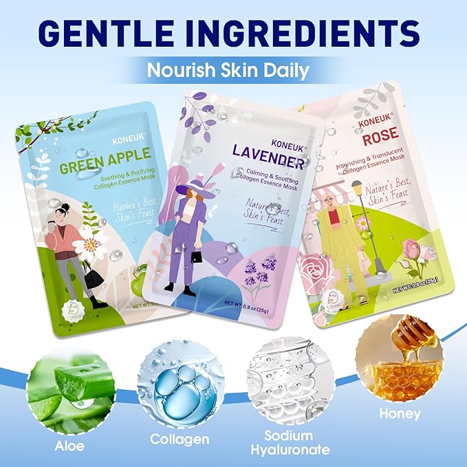 54 Pack Bulk Sheet Face Masks Skincare, Hydrating and Moisturizing Face Mask for All Skin Types, Collagen Facial Masks for Skin Care, Christmas Gifts, Stocking Stuffers for Women (9 Types x 6 Pcs)