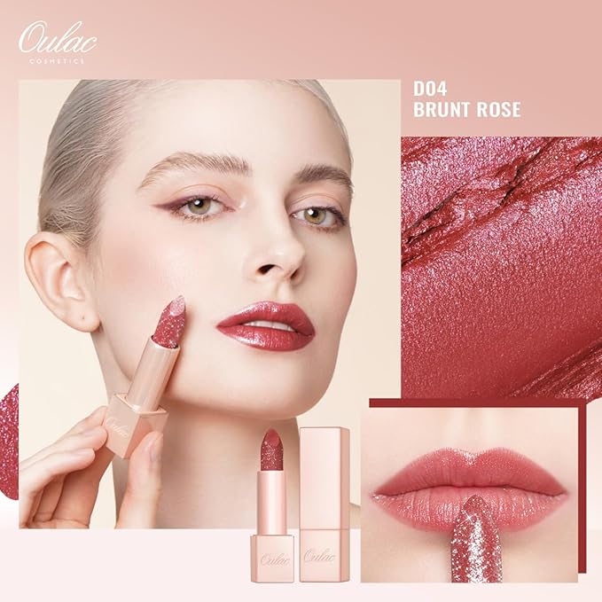 Oulac Shimmer Lipstick for Women, Infinity High Shine Finish, Hydrating Lip Color Infused with Damask Rose Oil for All-Day Comfort, Gluten-Free Vegan Beauty, D04 Brunt Rose