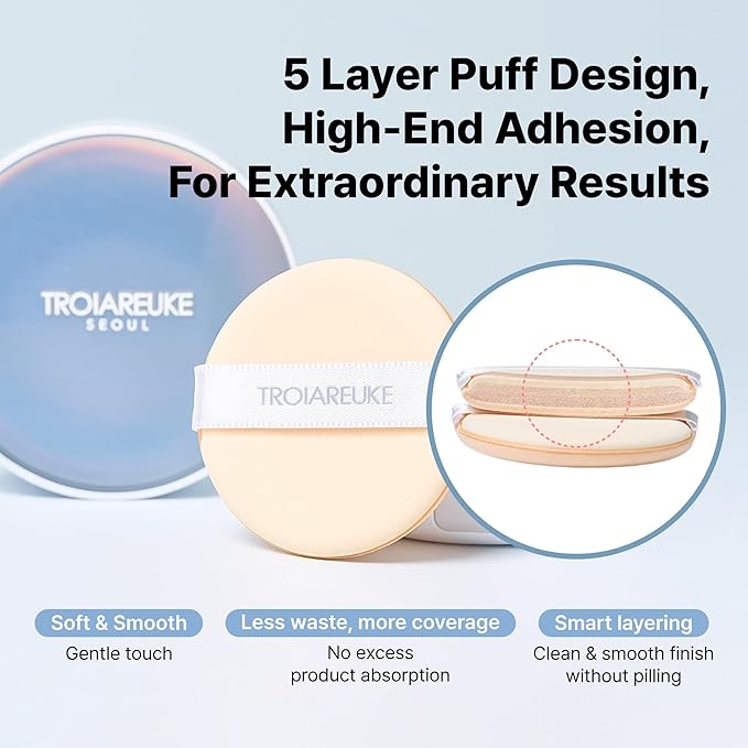 TROIAREUKE Seoul "Bridal" Cushion Foundation(#21, Pink Beige), Korean Cushion Foundation, K-Beauty, Hydrating, Long-lasting, Lightweight, Natural Finish, Anti-Aging, Moisture, Whitening, SPF 50+