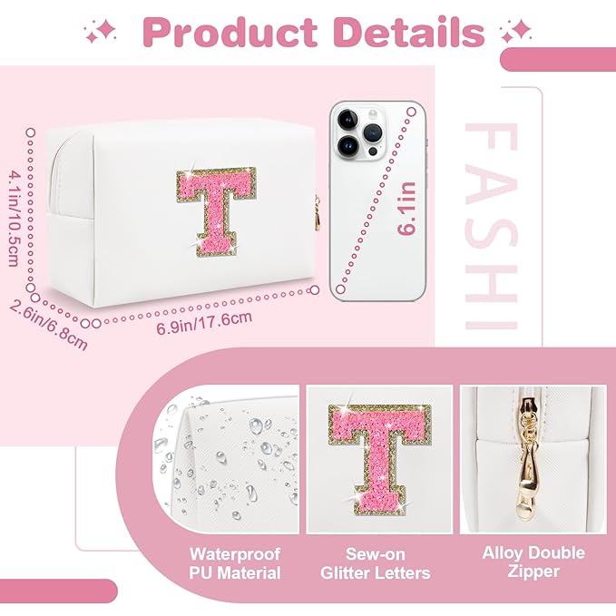 Small Personalized Initial A-Z Patch Makeup Bag,White Cute PU Leather Glitter Letter Cosmetic Bag for Teen Girls,Travel Toiletry Bag with Zipper,Preppy Monogrammed Birthday Gift for Daughter Niece T