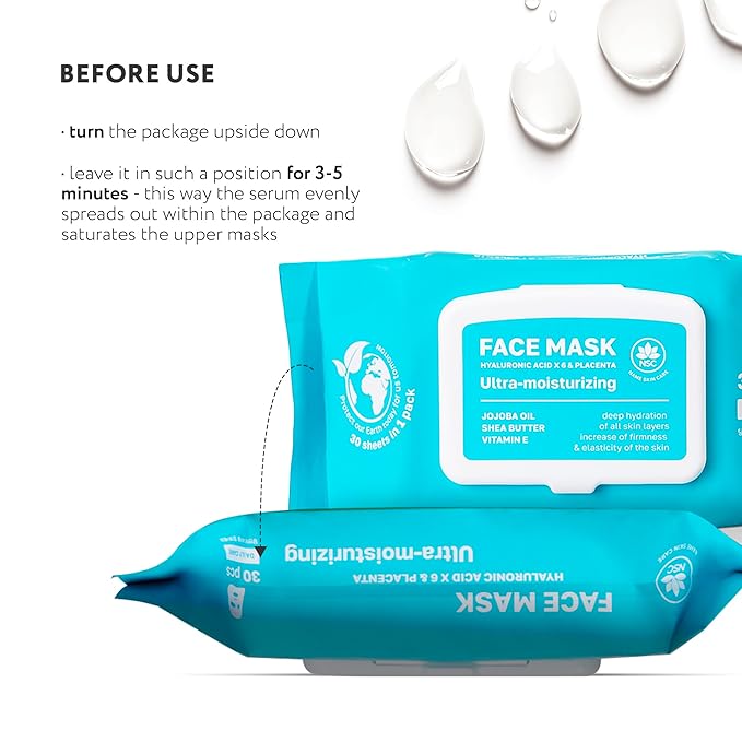 NSC Korean Moisturizing Face Masks with Hyaluronic Acid - 30-Pack Premium Hydrating Sheet Mask Set - Advanced K-Beauty with Shea Butter and Jojoba Oil - Skincare Monthly Supply for All Skin Types