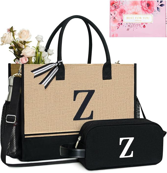 TOPDesign Personalized Initial Canvas Tote Bag, for Wedding, Birthday, Beach, Perfect Gifts for Women, Mom, Teachers, Friends