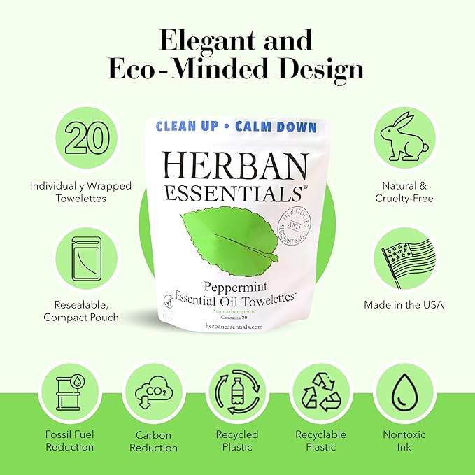 Herban Essentials - Peppermint Wipes & Towelettes - Essential Oil Wipes for Hands & Body - Travel Size Essentials and Toiletries - Natural, Individually Wrapped, Disposable & Moist Refresh (20 count)