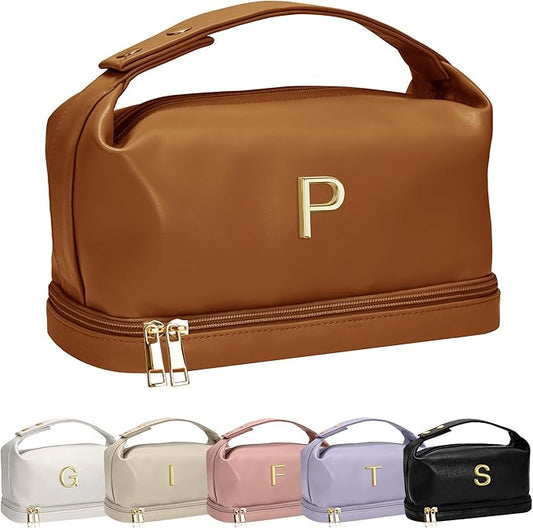 Unique Birthday Gifts for Women, Personalized Makeup Bag with Handle, Initial Double Layer Cosmetic Bag with Makeup Brush Organizer, Cute Cosmetic Pouch for Women, Tween Gift Ideas