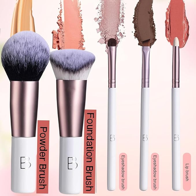 BS-MALL Travel Makeup Brushes Kabuki Premium Synthetic Foundation Powder Concealers Short Handle But Full Size 7 PCS with Triangle Puff & Storage Bag (Rose Pink)