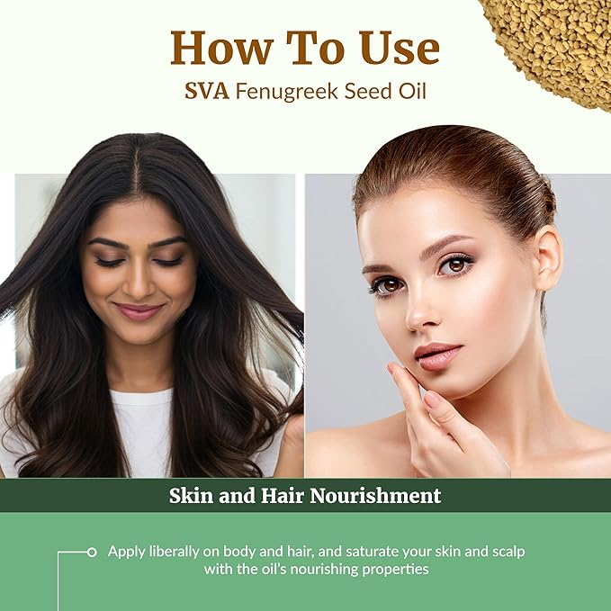 SVA Fenugreek Seed Oil - 1 Fl Oz – 100% Natural Cold Pressed Fenugreek Oil - for Face, Skin Care, Hair Care, Scalp Massage & Body Massage – Carrier Oil with Dropper