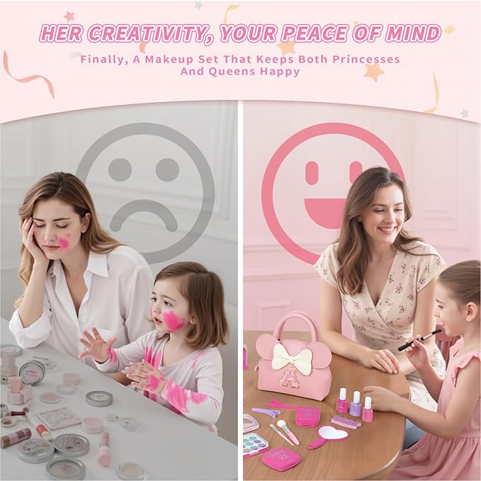 Kids Real Makeup Kit for Girls - 21Pcs Non-Toxic Make Up Toys with Initial Toddler Purse - Personalized Birthday Gifts for Age 5 6 7 8 9 10 Years Old Girls Vanity Set - S