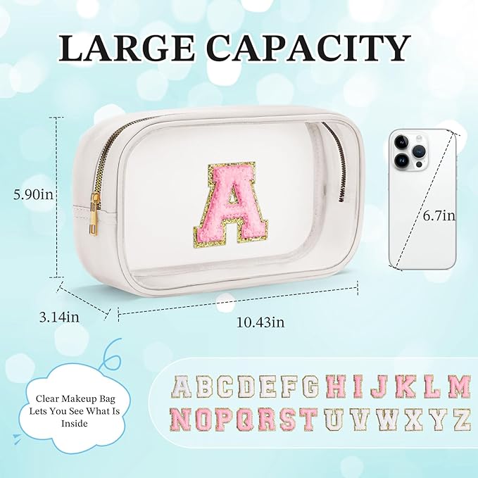 YOOLIFE Initial Make Up Bag Travel Toiletry Bag, Clear Makeup Bag Preppy Cosmetic Bag Clear Makeup Bags With Zipper Girlfriend Teacher 8 Year Old Girl Gifts Daughter Gifts Swim Gifts For Girls White S