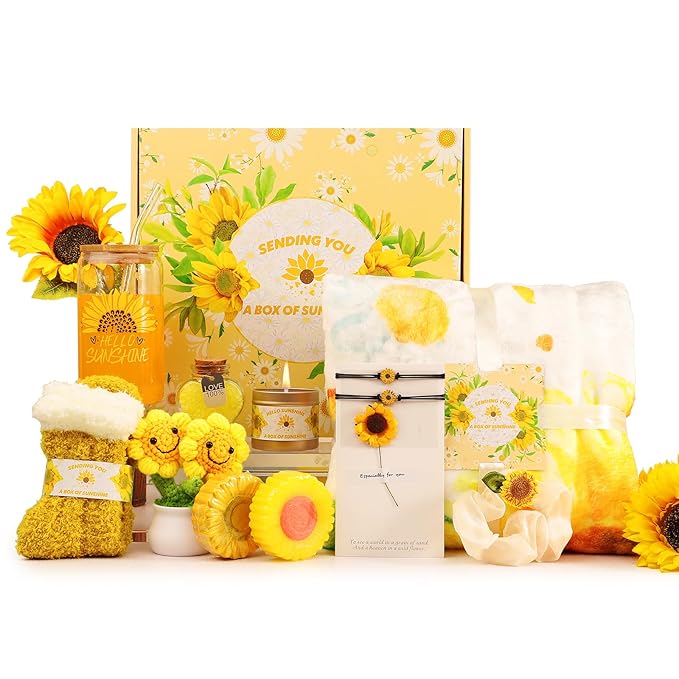 Sunflower gifts for women,Sunshine box, Get Well Soon Gift Baskets for Women,Self-Care Package,Unique Birthday Basket for Women,Mother’s Day, Thank You Gifts for her,Girlfriend,Sister,Mom,Wife