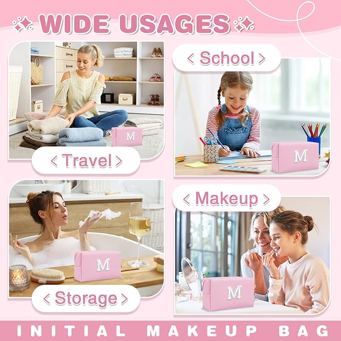 ChaoGreat Bride Gifts – Personalized Initial Makeup Bag with Pearl Rhinestone Patch, Preppy Pink Monogram Cosmetic/Toiletry Pouch, bridesmaid Gifts, Bridal Shower Gifts, Wedding Gifts, Bridal Gifts,M