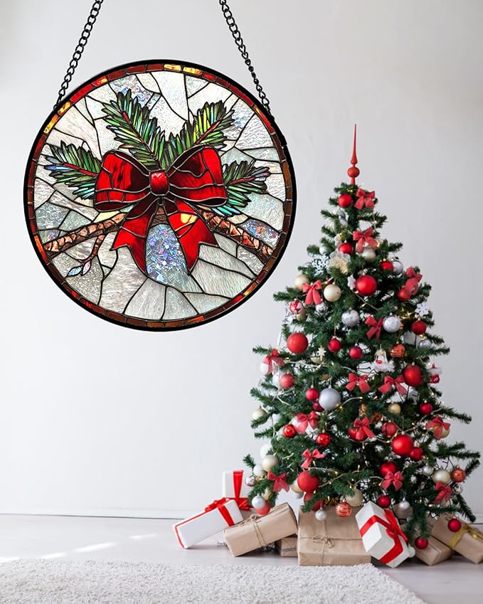 Stained Glass Window Hanging - Pine Branches Red Bow Suncatcher for Doors Home Christmas Decoration Silver Sun Catcher Thanksgiving New Year Birthday Gifts for Women Men Mom Nana 15 in