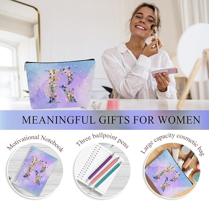Personalized Gifts Monogrammed Birthday Gifts for Women, New Mom, Grandma Thank You Christmas, Initial 20 oz Tumbler, Makeup Cosmetic Bag Cup Pens Journal Notebook 6 Set, (Aesthetic Purple Flower R)