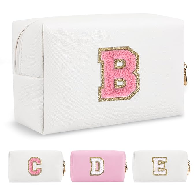 Personalized Makeup Bag Initial A-Z Preppy Patch Bag,Small PU Leather Travel Cosmetic Bag Pouch with Zipper,White Cute Toiletry Bag,Gift Ideal for Teen Girls Women Birthday Friend Mom,Letter B