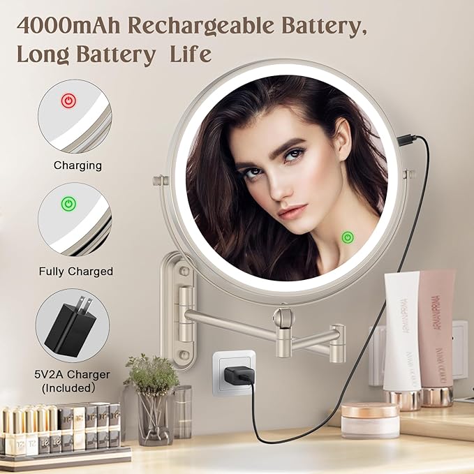 9" Wall Mounted Makeup Lighted Mirror, 4000mAh Rechargeable Double Sided LED Vanity Mirror with Height Adjustable&1X/10X Magnification, 3 Color Lights Bathroom Mirror (9INCH-Nickel)