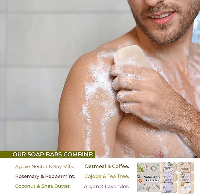 O NATURALS 100% Natural Bar Soap - Gift Set - Organic Ingredients & Essential Oils - Spa Gifts for Women & Men, Body Wash & Face Soap - 6PC Natural Collection