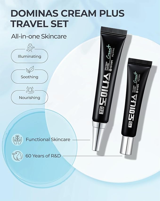 Cream Plus DOMINAS - Advanced Korean Cream for Even Skin Tone and Skin Elasticity. Niacinamide, Panthenol, Urea, Trehalose & TECA (Travel Kit, 0.7+0.35oz)