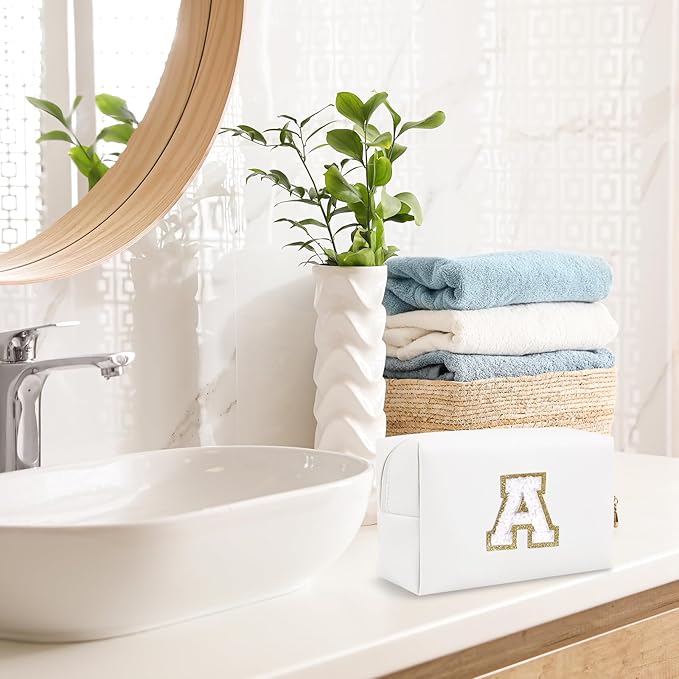 Small Personalized Initial A-Z Preppy Patch Makeup Bag,White PU Chenille Letter Travel Cosmetic Pouch with Zipper,Cute Toiletry Bag,Gift Ideal for Teen Girls Women Teacher Bridesmaid,Letter A