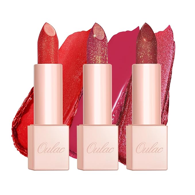 Oulac Moisture Red Lipstick Set 3PCS - Infinity High Shine Finish, Hydrating Vegan Lipstick Infused with Damask Rose Oil for All-Day Comfort, Gluten-Free, PG02+PG14+D03