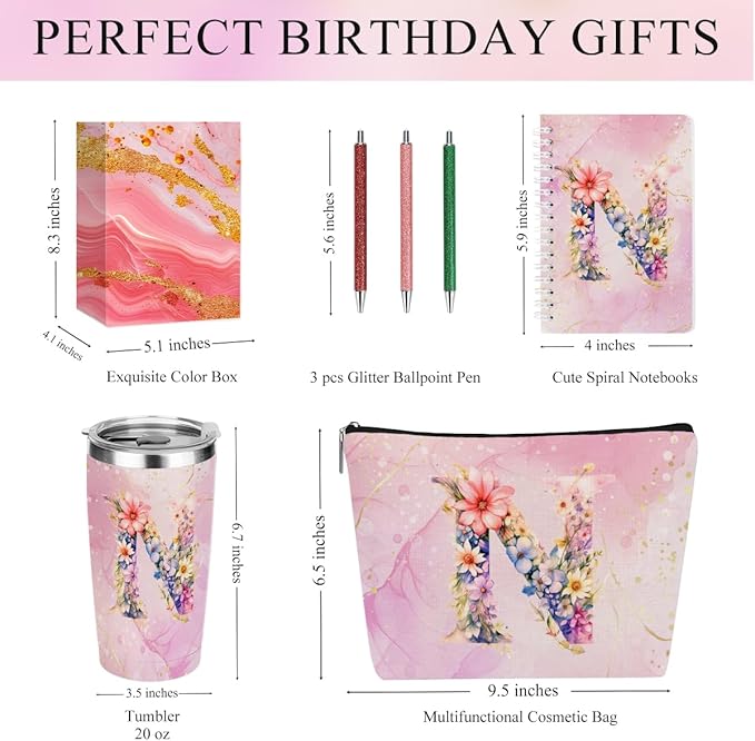 Personalized Gifts Monogrammed Birthday Gifts for Women, Colleague, Female Farewell Christmas, Initial 20 oz Tumbler, Makeup Cosmetic Bag Cup Pens Journal Notebook 6 Set, (Aesthetic Pink Flower N)