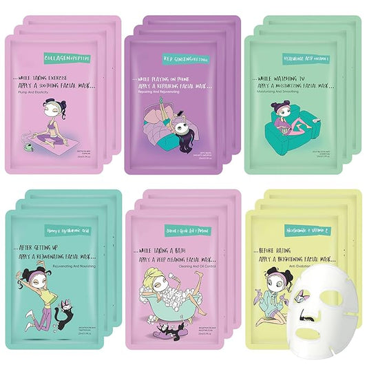 Face Masks Skincare Set for Girl,Moisturizing Collagen Facial Masks for Women Home Spa,Hyaluronic Acid Face Mask for All Skin Types,Day Night Facial Mask Hydrating,Deep Cleaning,Oil Contral(18Pack)