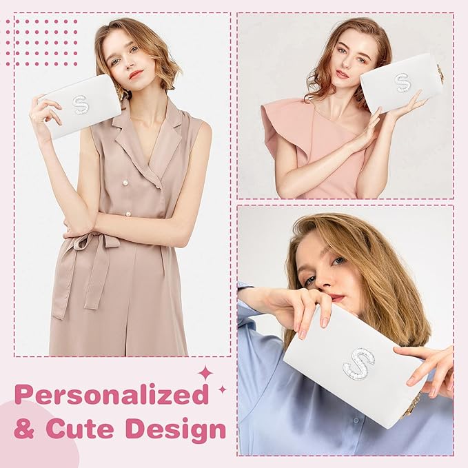Bride Gifts – Personalized Initial Makeup Bag with Pearl Rhinestone Patch, Preppy White Monogram Cosmetic/Toiletry Pouch, bridesmaid Gifts, Bridal Shower Gifts, Wedding Gifts, Bridal Gifts,S