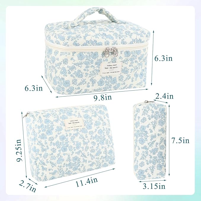 Anfly Makeup Bag, Quilted Cosmetic Bags, Large Floral Make Up Bag, Cute Makeup Bag 3PC Set for Women Girls (Blue)