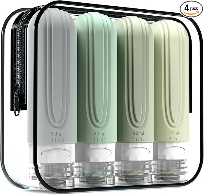 Travel Bottles for Toiletries, Tsa Approved 3oz Travel Size Containers BPA Free Leak Proof Refillable Liquid Silicone Squeezable Travel Accessories for Shampoo Conditioner Lotion (4 Pack)…