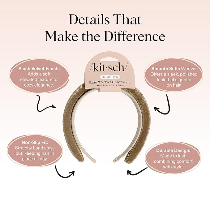 Kitsch Velvet & Satin Headbands for Women - Non Slip, Soft and Lightweight - Stylish Headbands for Girls with Chic Neutral Shades | Ideal Gifts for Women - Cream & Camel, 2pc Set