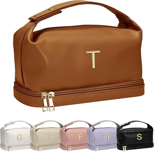 Monogram Gifts for Women, Personalized Makeup Bag with Handle, Initial Double Layer Cosmetic Bag with Makeup Brush Organizer, Cute Cosmetic Pouch for Women, Gifts for Friends Female Mom