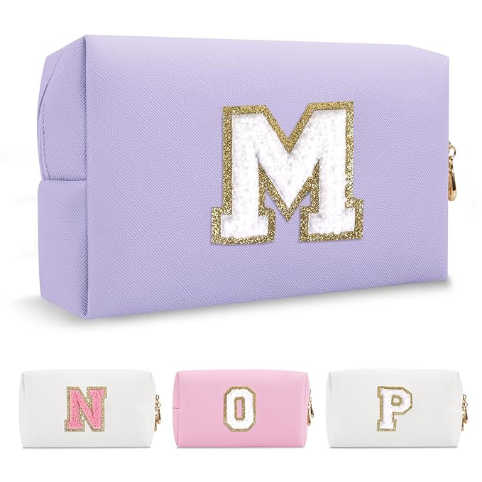 Personalized Makeup Bag Initial A-Z Preppy Patch Bag,Small PU Leather Travel Cosmetic Bag Pouch with Zipper,Purple Cute Toiletry Bag,Gift Ideal for Teen Girls Women Birthday Friend Mom,Latter M