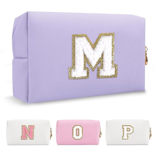 Personalized Makeup Bag Initial A-Z Preppy Patch Bag,Small PU Leather Travel Cosmetic Bag Pouch with Zipper,Purple Cute Toiletry Bag,Gift Ideal for Teen Girls Women Birthday Friend Mom,Latter M