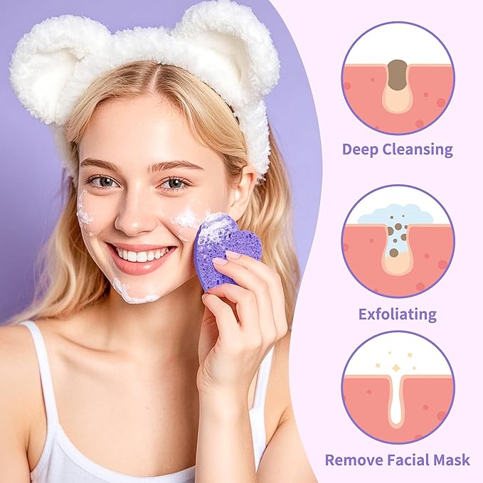 100-Count Compressed Facial Sponges, Heart Shape Face Sponge for Cleansing, Natural Cosmetic Spa Sponges for Facial Cleansing, Exfoliating Mask (Purple Heart Sponges)