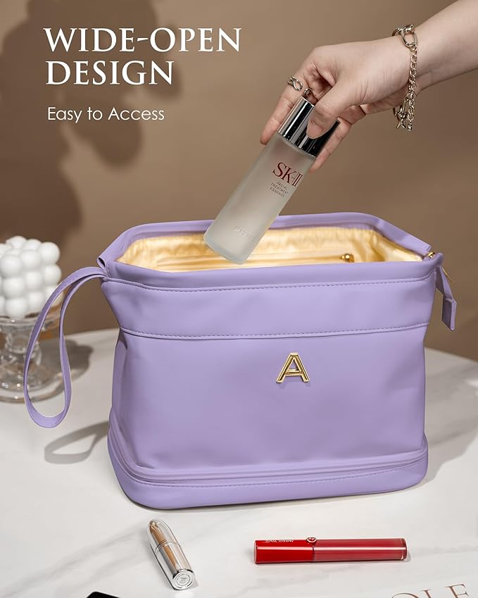 Travel Essentials for Friends Female Mom, Personalized Makeup Bag, Double Layer Cosmetic Bag with Makeup Brush Organizer, Waterproof, Large Capacity PU Leather Toiletry Bag Customized Gifts