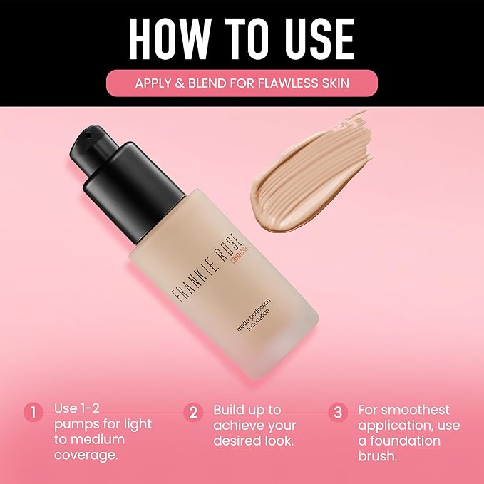Frankie Rose Cosmetics Matte Perfection Foundation Makeup – Long-Lasting, Hydrating Foundation for Semi-Matte Finish - Full Coverage for All Skin Types - (Fair) 1.0 US fl oz / 30 ml