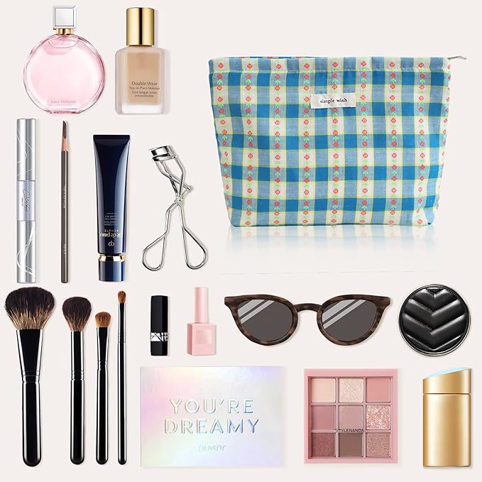 Wudygirl Cute Makeup Bag Large Capacity Cosmetic Bag Aesthetic Floral Makeup Pouch for Women Makeup Organizer Pencil Pouch Portable Toiletry Bag Zipper (Blue Floral)