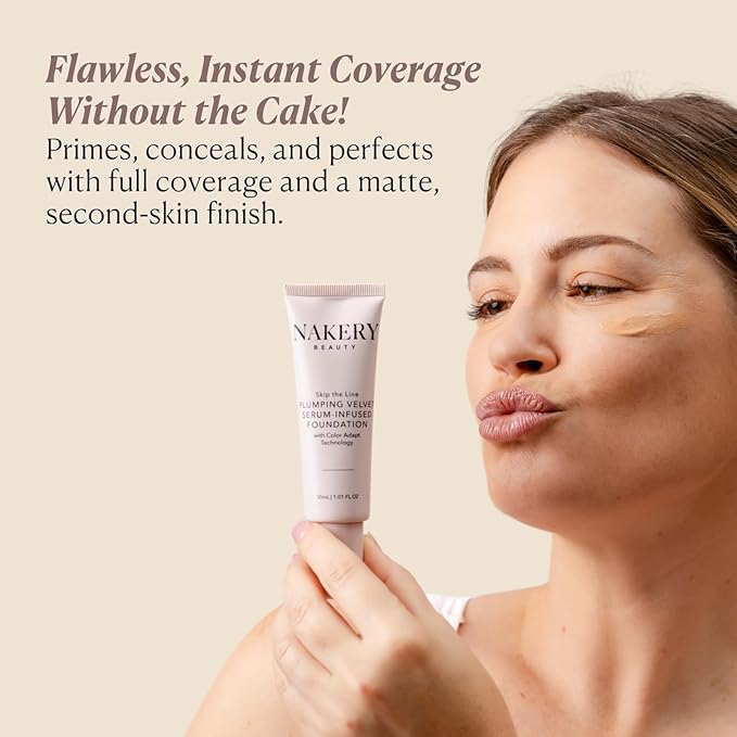 Nakery Full Coverage Foundation for Women - 5 in 1 Plumping Liquid Foundation Makeup - Serum Infused Makeup Foundation Smart Color Adapt with Niacinamide & Hyaluronic Acid for All Skin Types - Deep