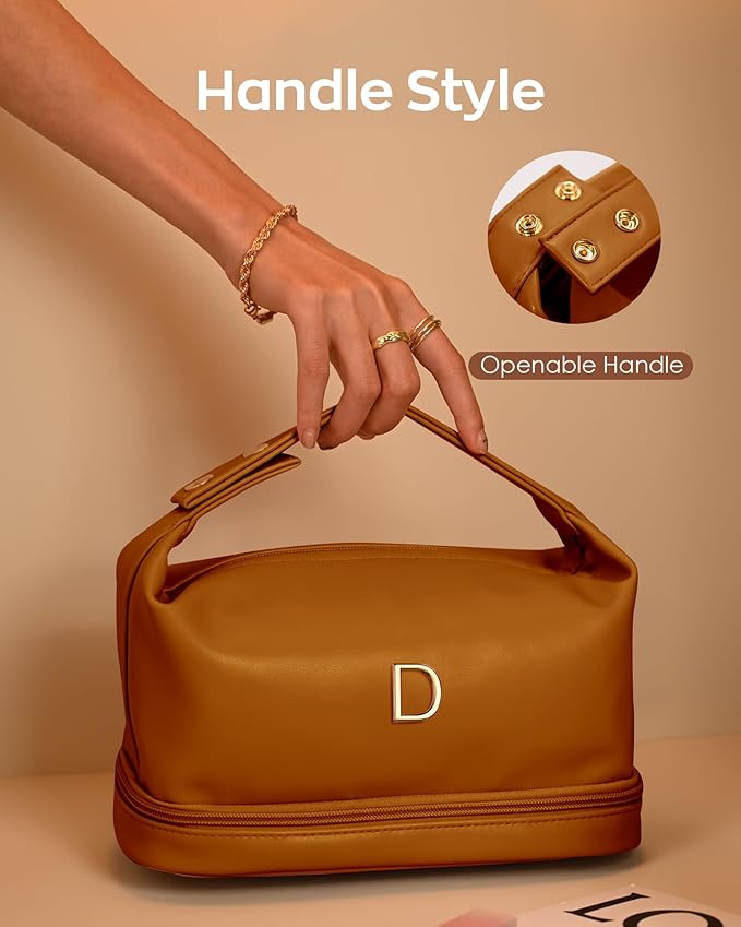 Trendy Gifts for Women, Personalized Makeup Bag with Handle, Initial Double Layer Cosmetic Bag with Makeup Brush Organizer, Cute Cosmetic Pouch for Women, Gifts for Friends Female Mom