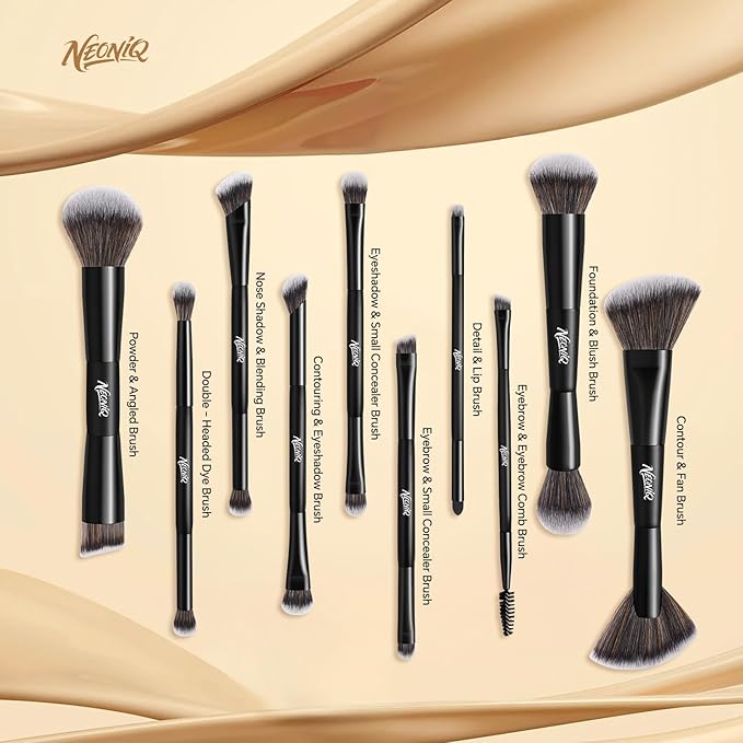 10 PCS Foundation Contour Conceal Brush Set With Bag, Makeup Brushes, Double-End Multi-functional Brushes for Foundation Powder Blush Eyeliner Eyeshadows, Professional Face Brush Set（Black）