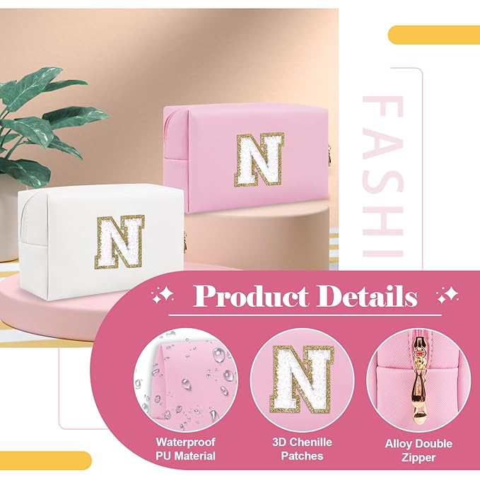 Personalized Initial A-Z Preppy Patch Makeup Bag,Small PU Chenille Letter Cosmetic Bag with Zipper for Teen Girls,Pink Cute Toiletry Organizer Bag,Monogram Makeup Case Gift for Women Girls,Letter N