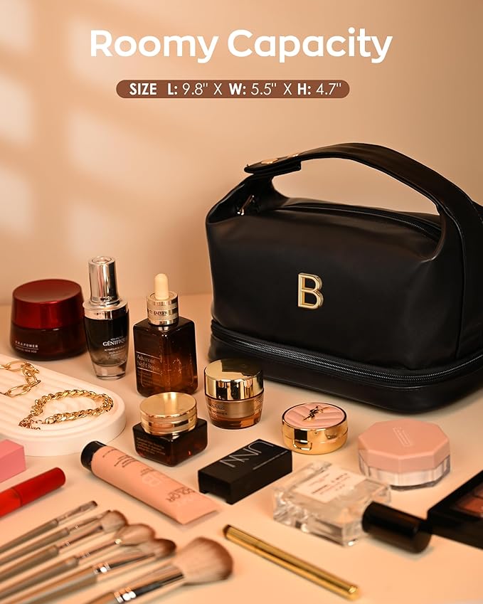 Makeup Bags Personalized Bags with Handle, Waterproof Double Layer Cosmetic Bag, Large Capacity PU Leather Makeup Bags Letter Travel Toiletry Bag with Makeup Brush Organizer