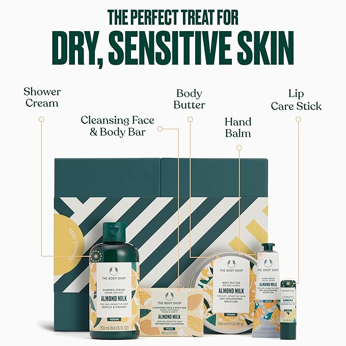 The Body Shop Almond Milk Gift Set - 5 Piece Set, Shower Cream, Body Butter, Bar Soap, Lip Balm, Hand Balm, Vegan